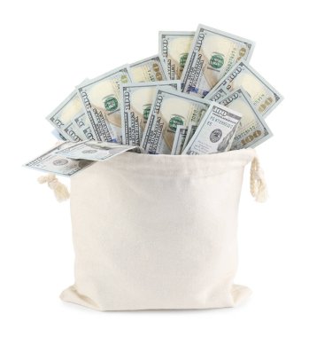 Dolar banknotları olan para çantası beyaza izole edilmiş.