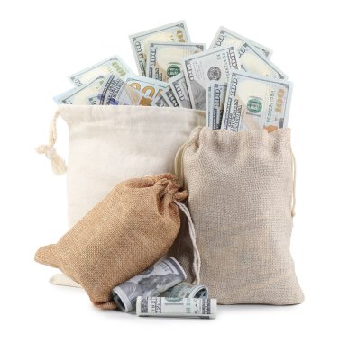 Para çantaları ve dolar banknotları beyaza izole edilmiş.