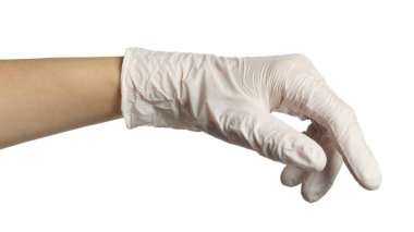 Tıbbi eldivenli doktor beyaz arka plan, yakın plan.