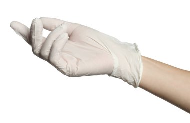 Beyaz arka planda tıp eldivenli doktor, yakın plan.