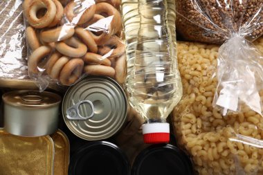 Arka plan olarak farklı gıda ürünleri, üst görünüm