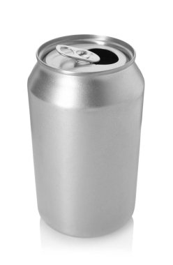 Bir gümüş teneke kutu beyaza izole edilmiş