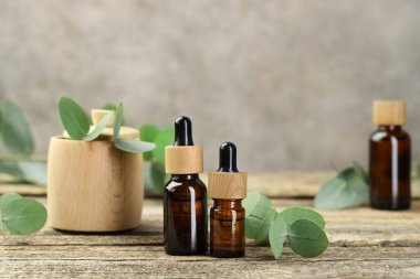 Ahşap masa üzerinde gerekli yağ ve okaliptüs yaprakları şişeleri