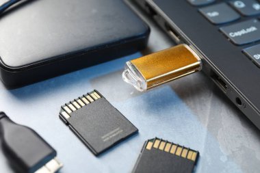 Dizüstü bilgisayara bağlı flaş bellek, SD hafıza kartları ve gri desenli tablodaki harici sabit disk, yakın plan