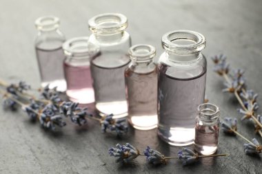 Açık parfüm şişeleri aromatik esanslı yağlar ve lavanta dalları koyu dokulu masa, yakın çekim