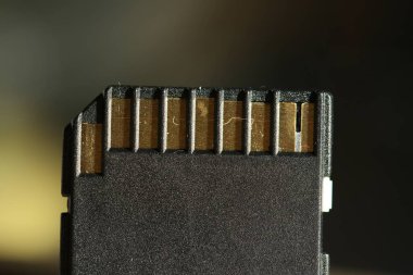 Bulanık arkaplanda bir SD hafıza kartı, yakın plan