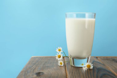 Bardaktaki taze süt ve ahşap masadaki çiçekler açık mavi arka planda, yakın plan. Metin için boşluk