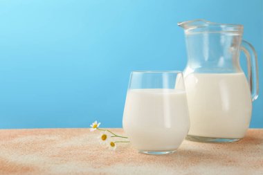 Taze süt ve çiçekler açık mavi arka planda, yakın plan. Metin için boşluk