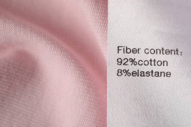 Kıyafet etiketi, pembe giysinin içeriği, üst görünümde. Metin için boşluk