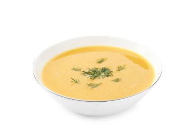 Lezzetli mercimek kremalı çorba, beyazı izole edilmiş dereotlu.