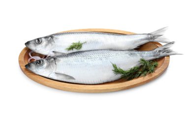 Beyaz zemin üzerinde tuzlu ringa balığı, soğan ve dereotu.