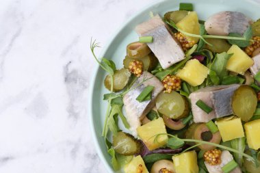 Beyaz mermer masada ringa balıklı nefis salata, üst manzara. Metin için boşluk