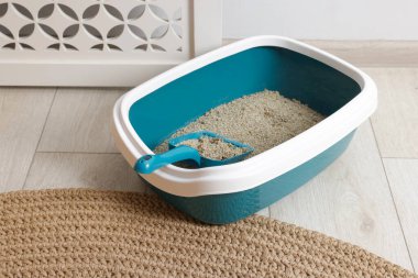 Kedi kumu kutusu, dolgu maddesi ve yerde kepçeyle.