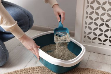 Kedi kumu kutusunu kepçeyle temizleyen kadın, yakın çekim.