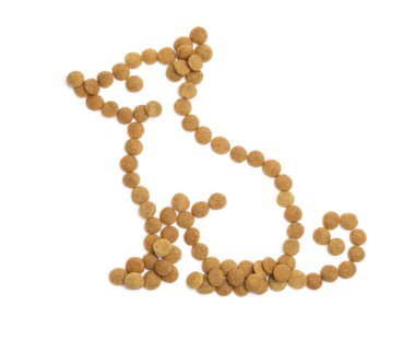 Kuru hayvan mamasından yapılmış kedi. Beyazın üstünde izole edilmiş.