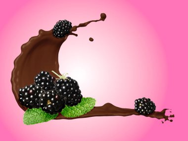 Pembe arka planda çikolata sıçraması ve böğürtlen havası