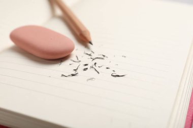 Eraser, pencil and scraps on lined notebook sheet, closeup. Space for text