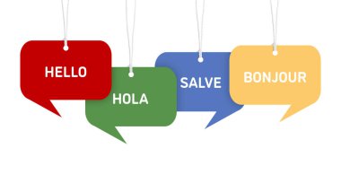 Beyaz arka planda asılı farklı dillerde selamlaşan kağıt konuşma baloncukları. Pankart tasarımı