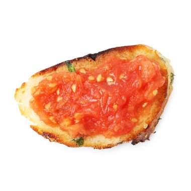 Domatesli leziz ekmek beyaza izole edilmiş, üst manzara