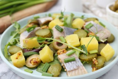 Beyaz masada ringa balıklı nefis salata, yakın plan.