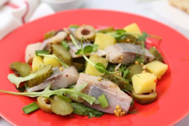 Beyaz masada ringa balıklı nefis salata, yakın plan.