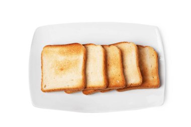 Lezzetli tost ekmeği parçaları beyaza izole edilmiş, üst manzara