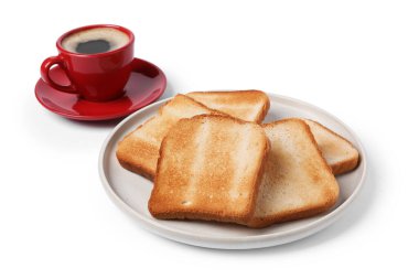 Lezzetli kızarmış ekmek ve beyaz üzerine izole edilmiş kahve.