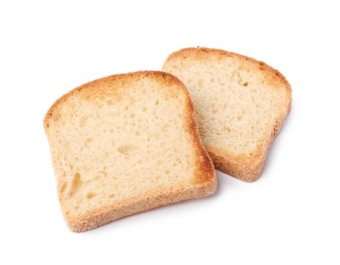 Beyaza izole edilmiş iki parça taze ekmek.