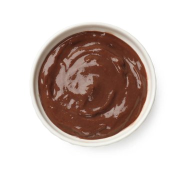 Lezzetli çikolatalı puding, beyaz, üst manzara.