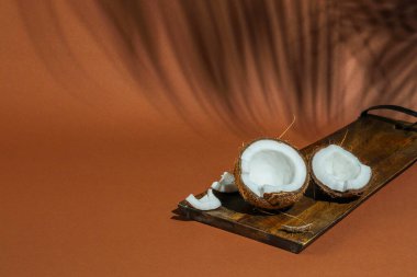 Taze hindistan cevizi ve açık kahverengi arka planda tropikal palmiye tarafından dökülen gölge. Metin için boşluk