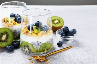 Chia tohumlu lezzetli tatlı, yoğurt, granola, yaban mersini ve kivi açık gri masada, yakın plan. Süper yemek.