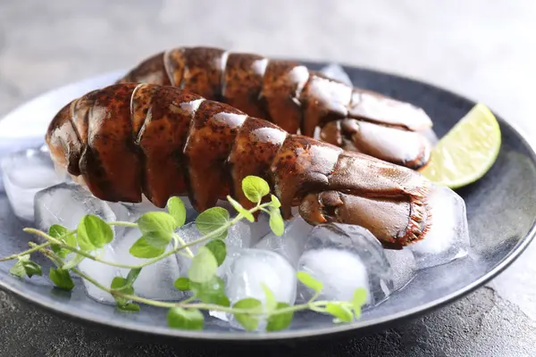 Çiğ ıstakoz kuyruğu, mikro yeşillikler, masada limon ve buz, yakın plan.