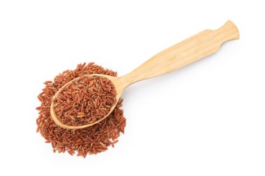 Çiğ kahverengi pirinç ve kaşık beyaz, üst manzara