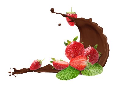 Çikolata sıçraması ve beyaz arka planda havada çilek.