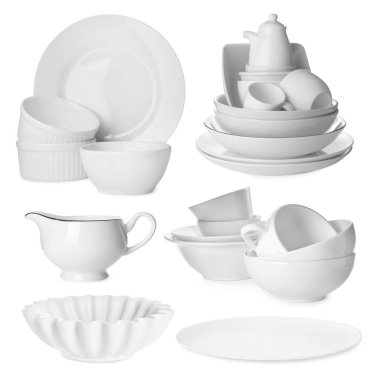 Beyaza izole edilmiş farklı beyaz bulaşık takımı.