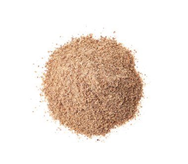 Süper gıda ürünü. Keten tohumu tozu yığını beyaz, üst görünümde izole edilmiş.