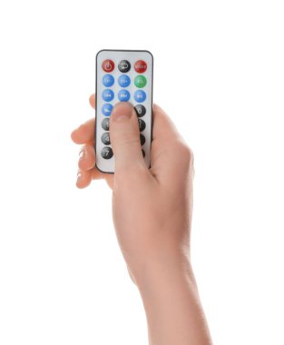 Beyaz arka planda uzaktan kumandalı kadın, yakın plan