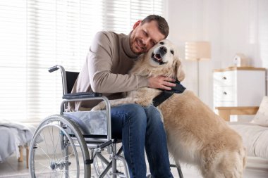 Tekerlekli sandalyedeki adam evde hizmet köpeğine sarılıyor.