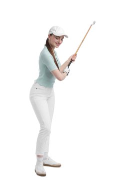 Beyaz arka planda golf sopası olan kadın.