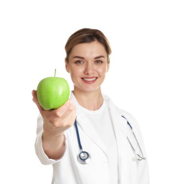 Beyaz arka planda yeşil elmalı ve steteskoplu beslenme uzmanı, seçici odaklı
