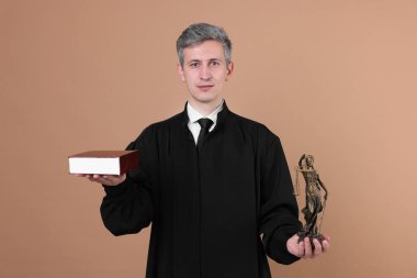 Bej arka planda Adalet Anıtı 'nın heykeli ve kitabı ile hakim