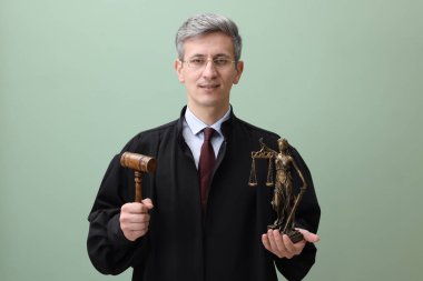 Yeşil arka planda Adalet Anıtı heykeli ve tokmakla gülümseyen yargıç