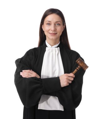 Beyaz arka planda çekiçle yargıç portresi