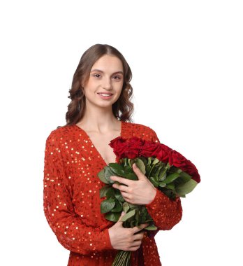 Gülen kadın beyaz arka planda bir buket gülle