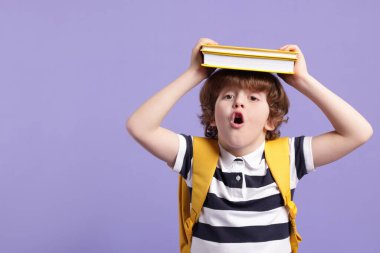 Sırt çantası ve menekşe arkaplan kitapları olan sevimli bir okul çocuğu.