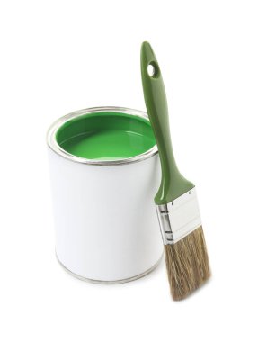 Can of green paint and brush isolated on white