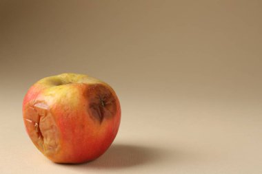 Bej arka planda bir çürük elma, yakın plan. Metin için boşluk