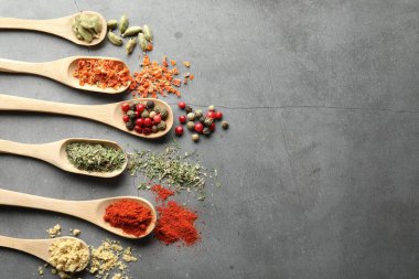 Gri masadaki kaşıklarda bir sürü farklı baharat var. Metin için boşluk