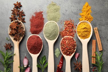 Gri masadaki kaşıklardaki farklı baharatlar düzdü.