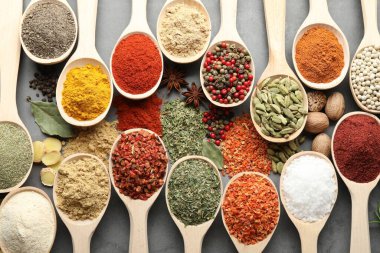 Gri masadaki kaşıklardaki farklı baharatlar düzdü.